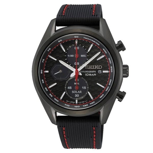 Seiko Sport quartz solar chronograph watch black dial black silicone bracelet 41,2 mm