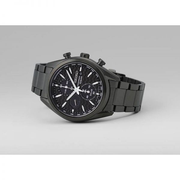 Seiko Sport quartz solar chronograph watch black steel bracelet 41,2 mm