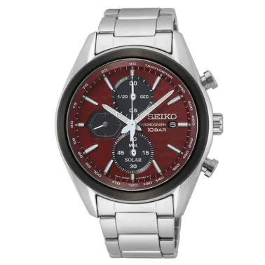 Montre Seiko Sport quartz solaire chronographe cadran rouge bracelet acier 41,2 mm
