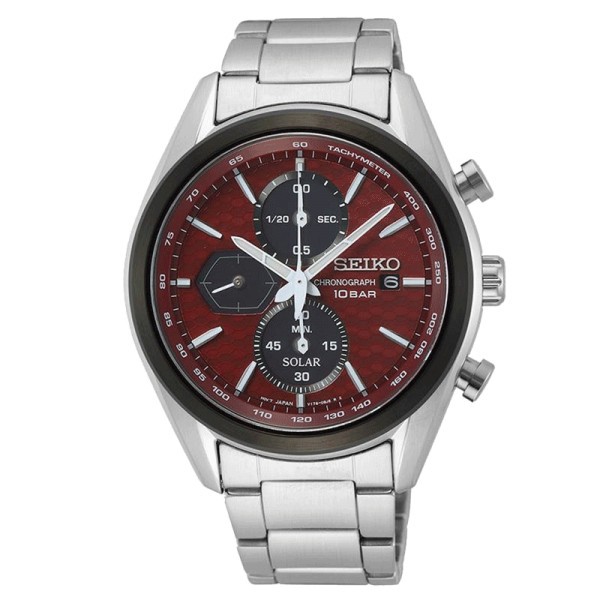 Seiko Sport quartz solar chronograph watch red dial steel bracelet 41,2 mm