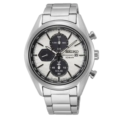 Montre Seiko Sport quartz solaire chronographe cadran blanc bracelet acier 41,2 mm