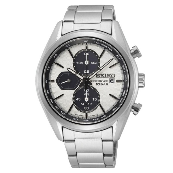 Montre Seiko Sport quartz solaire chronographe cadran blanc bracelet acier 41,2 mm