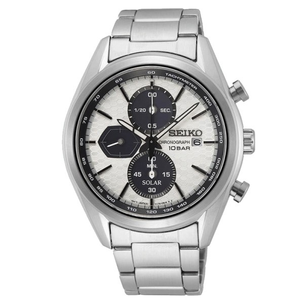 Seiko Sport quartz solar chronograph watch white dial stainless steel bracelet 41,2 mm
