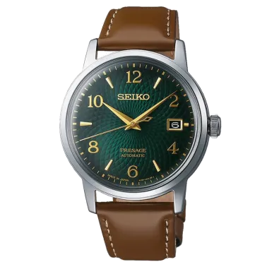 Seiko Presage automatic date watch green dial leather strap 38,5 mm