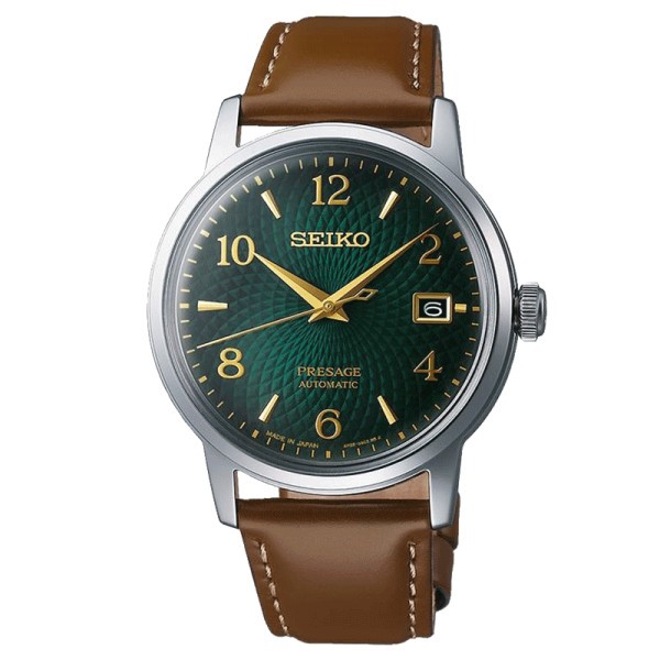 Seiko Presage automatic date watch green dial leather strap 38,5 mm