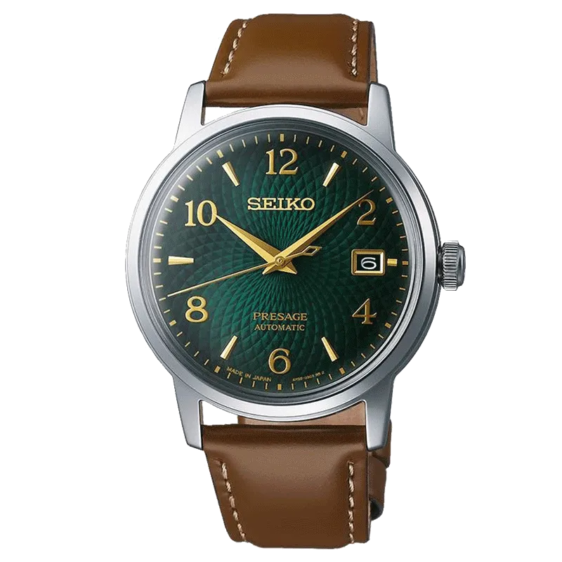 Montre Seiko Presage automatique date cadran vert bracelet cuir 38,5 mm