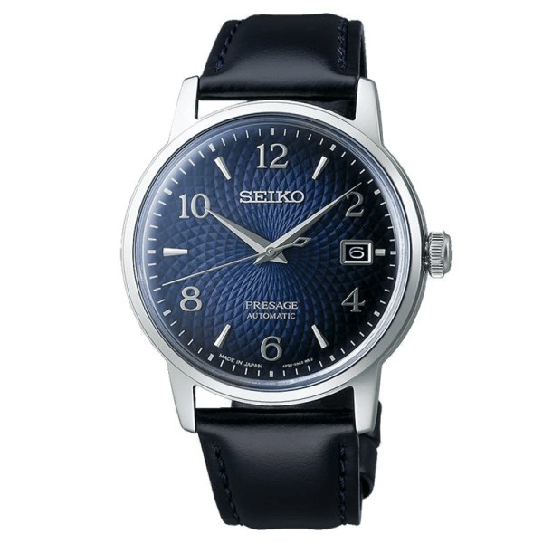 Seiko Presage automatic date watch blue dial leather strap 38,5 mm