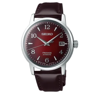 Seiko Presage automatic date watch red dial leather strap 38,5 mm