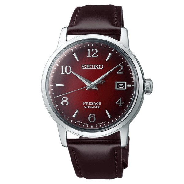 Seiko Presage automatic date watch red dial leather strap 38,5 mm