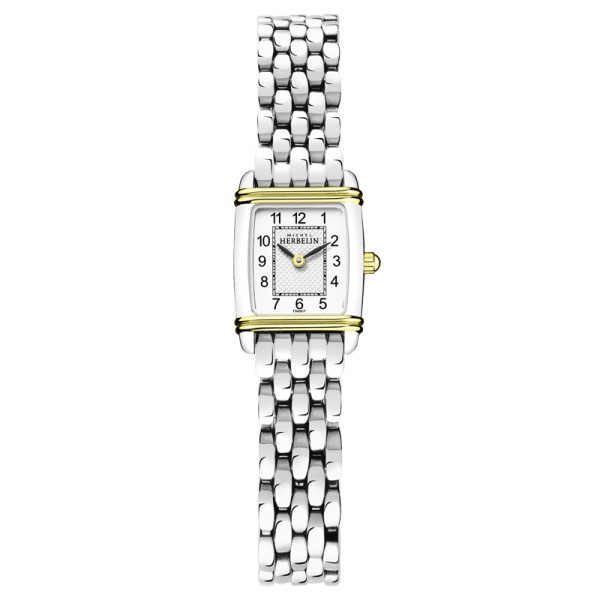 Michel Herbelin Art Deco bicolour quartz watch white dial arabic numerals stainless steel bracelet