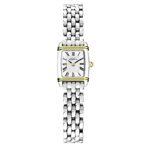 Michel Herbelin Art Deco bicolour quartz watch white dial roman numerals stainless steel bracelet