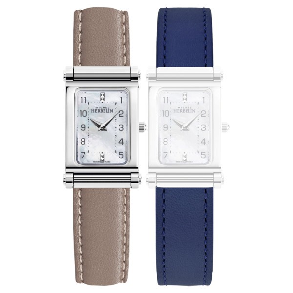 Montre Michel Herbelin Coffret Antarès quartz cadran blanc bracelet cuir gris et bleu