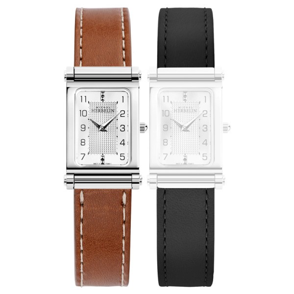 Michel Herbelin Antarès box quartz watch white dial brown and black leather strap