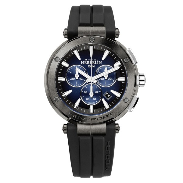 Michel Herbelin Newport Chronograph quartz watch blue dial black rubber strap 43 mm