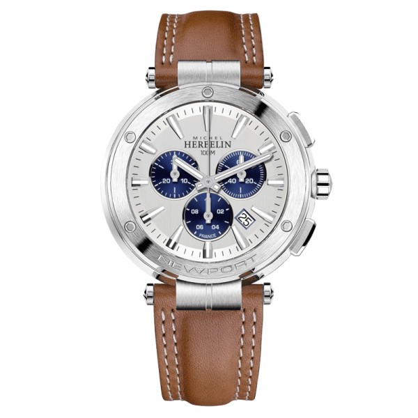 Michel Herbelin Newport Chronograph quartz watch white dial brown leather strap 43 mm