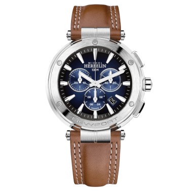 Montre Michel Herbelin Newport Chronographe quartz cadran bleu bracelet cuir marron 43 mm