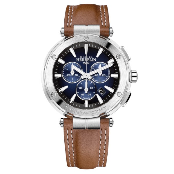 Michel Herbelin Newport Chronograph quartz watch blue dial brown leather strap 43 mm