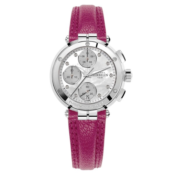 Michel Herbelin Newport Chronograph quartz watch mother-of-pearl dial pink leather strap 35 mm