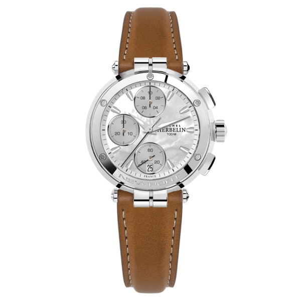Michel Herbelin Newport Chronograph quartz watch mother-of-pearl dial brown leather strap 35 mm