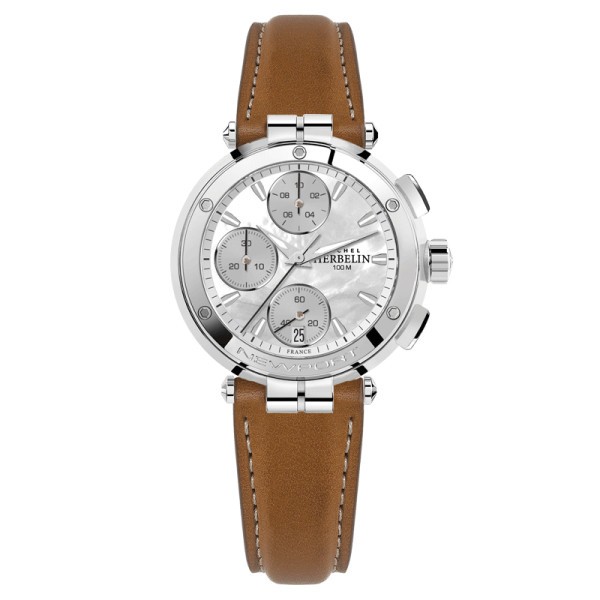 Montre Michel Herbelin Newport Chronographe quartz cadran nacre bracelet cuir brun 35 mm