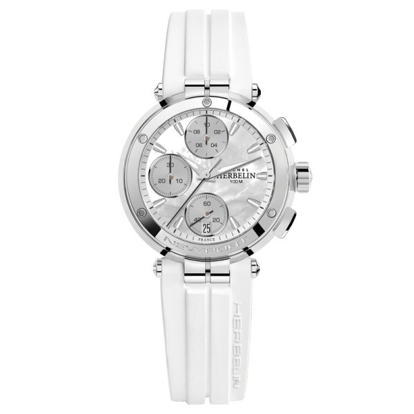 Michel Herbelin Newport Chronograph quartz watch mother-of-pearl dial white rubber strap 35 mm