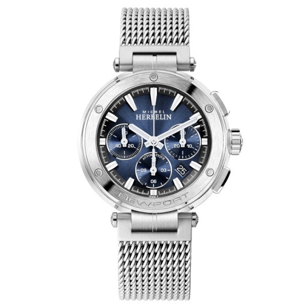 Montre Michel Herbelin Newport Chronographe automatique cadran bleu bracelet maille milanaise 43,5 mm 268/45B