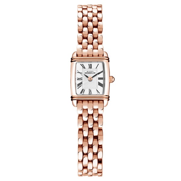 Michel Herbelin Art Deco quartz watch white dial stainless steel PVD pink gold bracelet