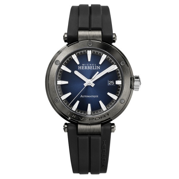 Michel Herbelin Newport automatic watch blue dial black rubber strap 41 mm