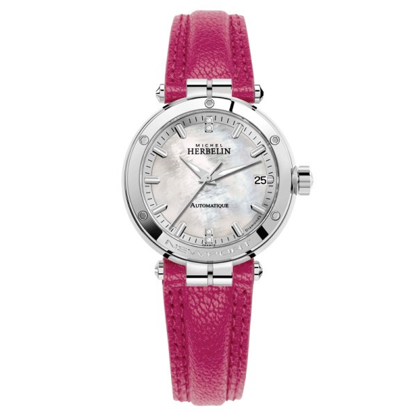 Michel Herbelin Newport automatic watch mother-of-pearl dial pink leather strap 35 mm