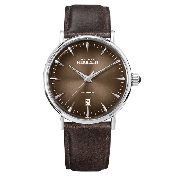 Michel Herbelin Inspiration automatic watch brown dial brown leather strap 40 mm