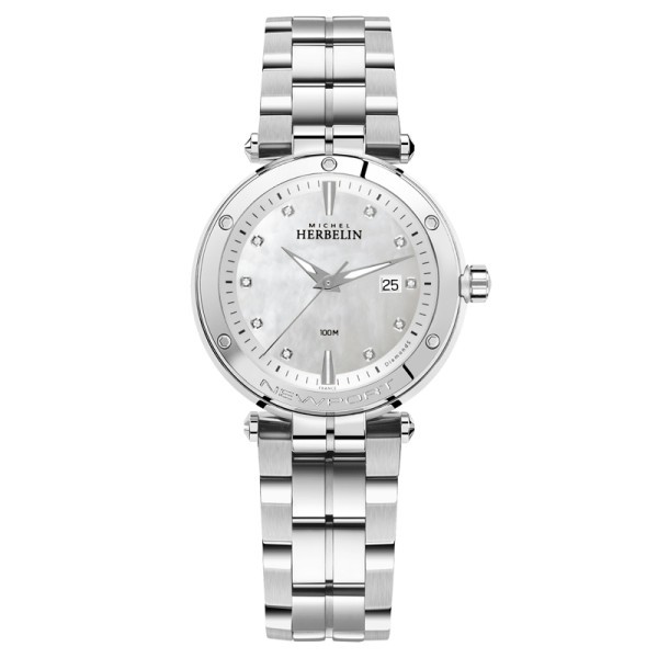 Michel Herbelin Newport quartz watch mother-of-pearl dial diamond hour markers steel stainless bracelet 34,5 mm