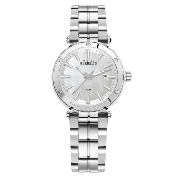 Michel Herbelin Newport quartz watch mother-of-pearl dial steel stainless bracelet 34,5 mm