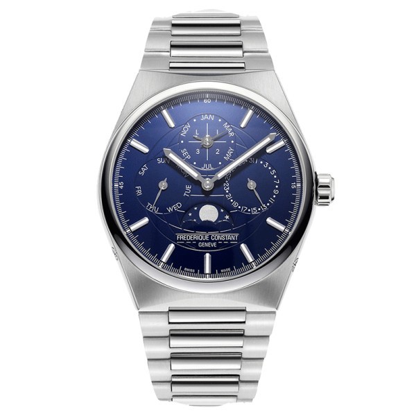Montre Frédérique Constant Highlife automatique calendrier perpétuel cadran bleu bracelet acier 41 mm