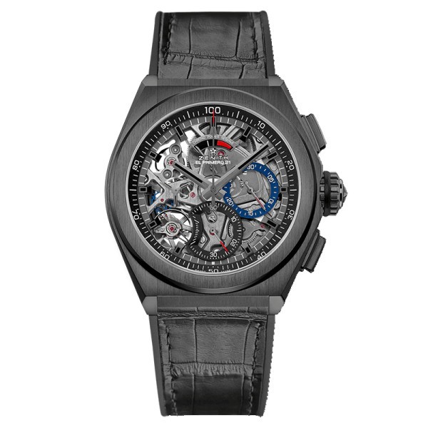 Zenith Defy El Primero 21 Ceramic watch skeleton dial black leather strap 44 mm