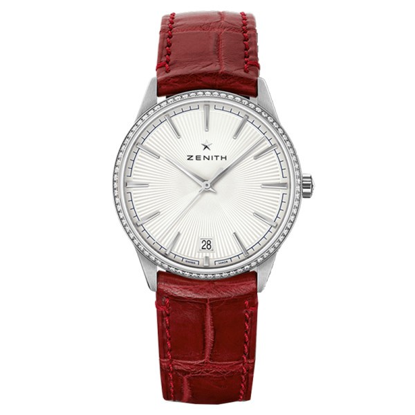 Zenith Elite Classic automatic watch silvered dial bezel set red leather strap 36 mm