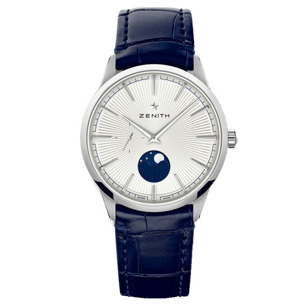 Zenith Elite Moonphase automatic watch silvered dial blue leather strap 40,5 mm
