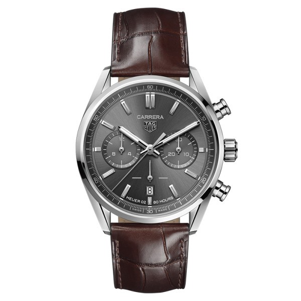 TAG Heuer Carrera Calibre Heuer 02 watch grey dial brown leather strap 42 mm