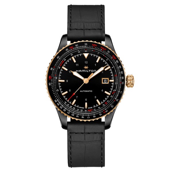 Hamilton Khaki Aviation Converter automatic watch black dial black leather strap 42 mm