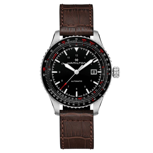 Montre Hamilton Khaki Pilot Converter automatique cadran noir bracelet cuir marron 42 mm