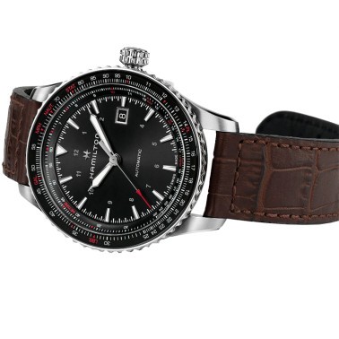 Montre Hamilton Khaki Pilot Converter automatique cadran noir bracelet cuir marron 42 mm