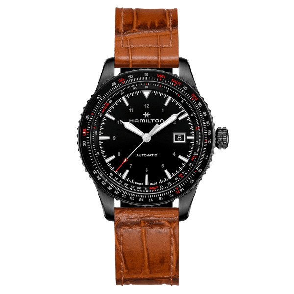 Watch Hamilton Khaki Pilot Converter automatic black dial black leather strap gold 42 mm