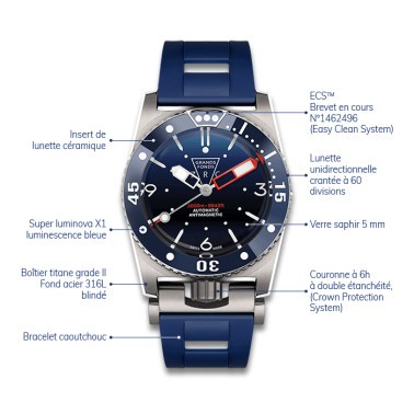 Montre ZRC Grands Fonds 3000 Titane cadran bleu bracelet caoutchouc bleu 42 mm