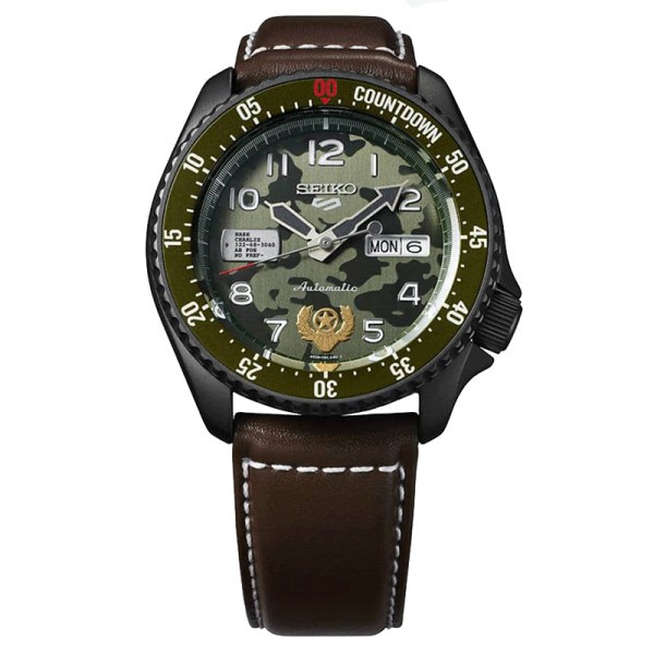 Seiko 5 Street Fighter GUILE automatic watch khaki dial brown leather strap 42,5 mm