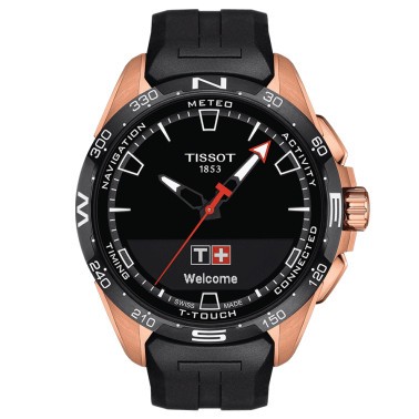 Tissot T-Touch Connect Solar rose gold pvd titanium watch black rubber bracelet 47,5 mm