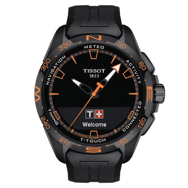 Montre Tissot T-Touch Connect Solar index orange bracelet caoutchouc noir 47,5 mm T121.420.47.051.04
