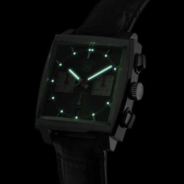 TAG Heuer Monaco Caliber HEUER 02 watch black dial black leather strap 39 mm