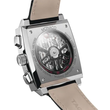 TAG Heuer Monaco Caliber HEUER 02 watch black dial black leather strap 39 mm