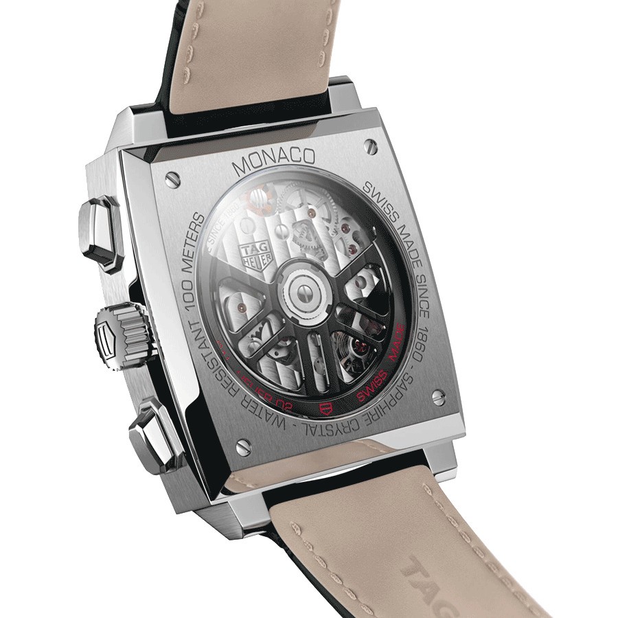 TAG Heuer Monaco Caliber HEUER 02 watch black dial black leather strap 39 mm