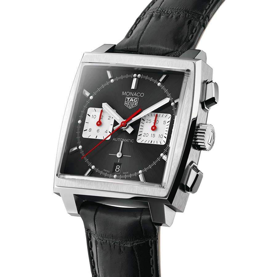 TAG Heuer Monaco Caliber HEUER 02 watch black dial black leather strap 39 mm