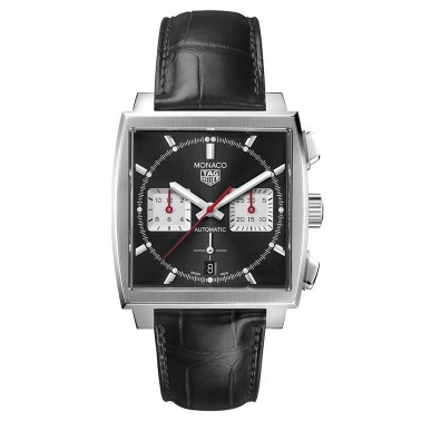 Montre TAG Heuer Monaco Calibre HEUER 02 cadran noir bracelet cuir noir 39 mm CBL2113.FC6177